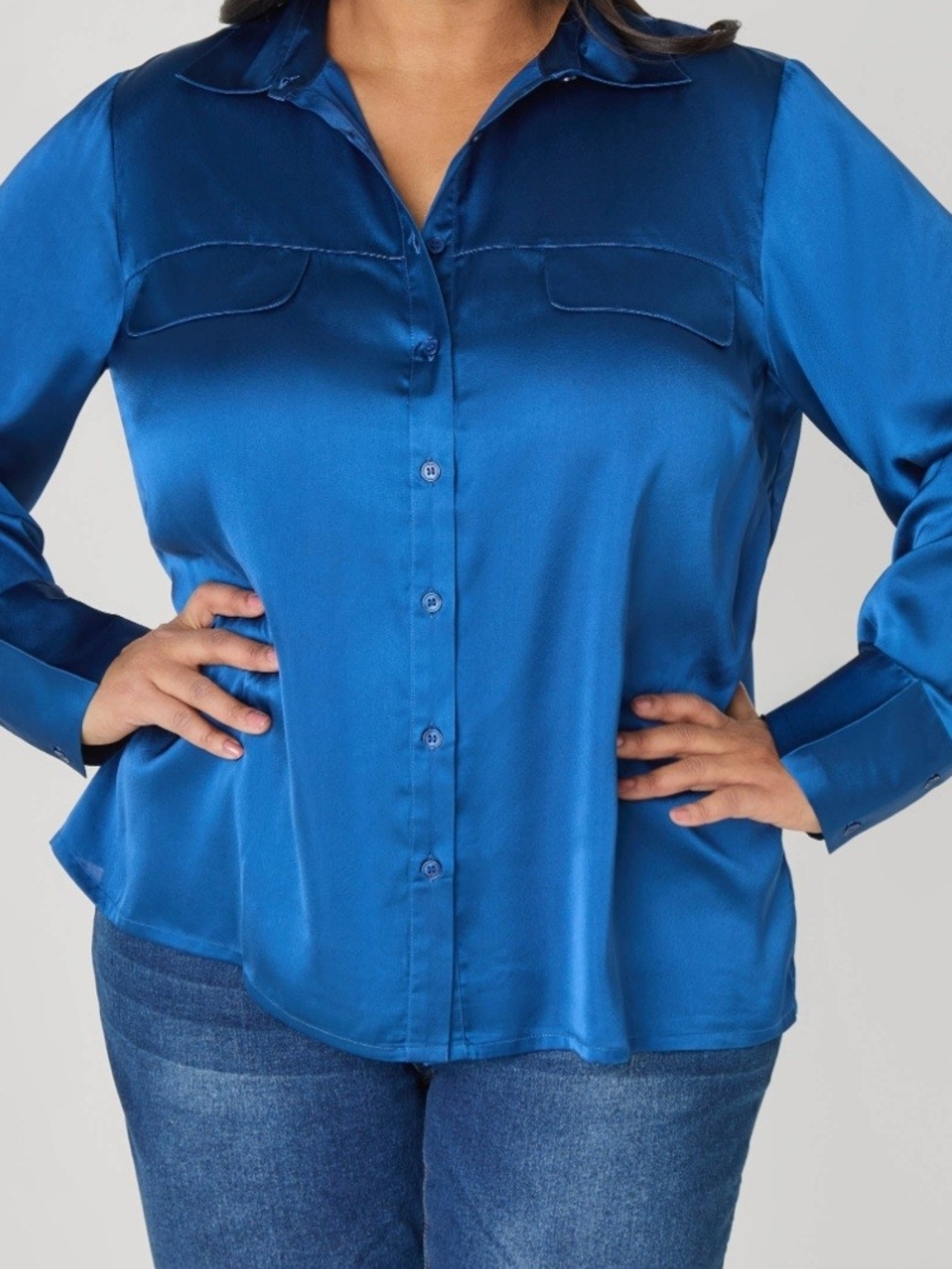 NWT Ashley Stewart Satin Button-Down Shirt in Cobalt Blue Size 26